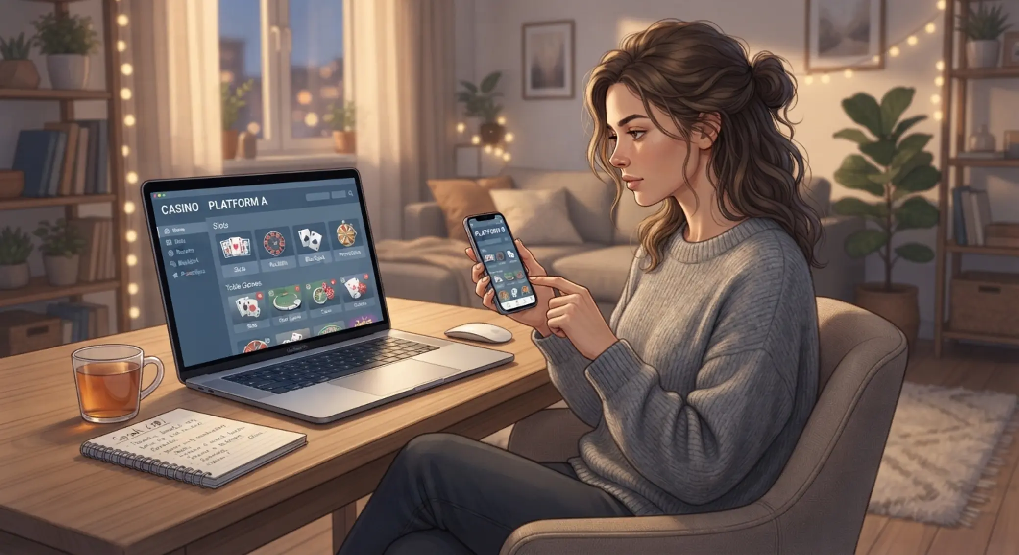 Porovnanie používateľského zážitku online kasín Hráč porovnáva dve online kasínové stránky na mobile a notebooku